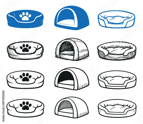 Hand drawn line art and solid pet bed set featuring cushioned and dome shaped houses for animal comfort