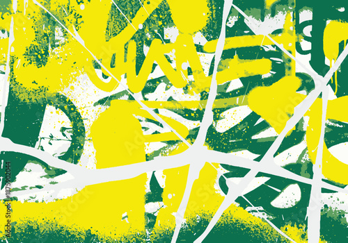 Abstract Yellow and Green Spray Paint Texture, accented by sharp white diagonal lines and gritty splattered textures for a dynamic street art aesthetic.