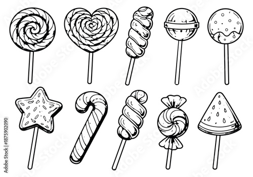 Hand drawn line art candy and lollipop set featuring various sweet treats for children's parties and confectionery designs