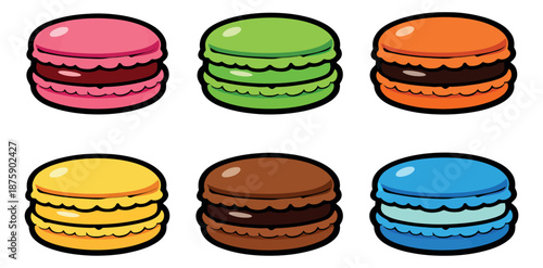 Clip art macaron set featuring sweet pastries in different flavors for cafe menus