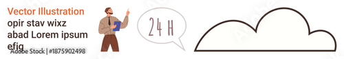 Customer support, cloud services, data storage, communication, service availability, workflow management. A person holding a clipboard with a speech bubble displaying 24H and a cloud outline