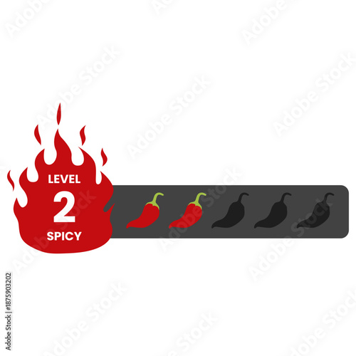 Spicy meter Level 2, Spicy level labels. Spicy and hot chili spicy meter. Red spicy chili peppers. Vector