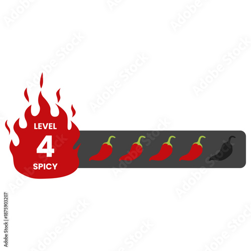 Spicy meter Level 4, Spicy level labels. Spicy and hot chili spicy meter. Red spicy chili peppers. Vector