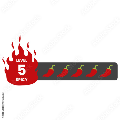 Spicy meter Level 5, Spicy level labels. Spicy and hot chili spicy meter. Red spicy chili peppers. Vector