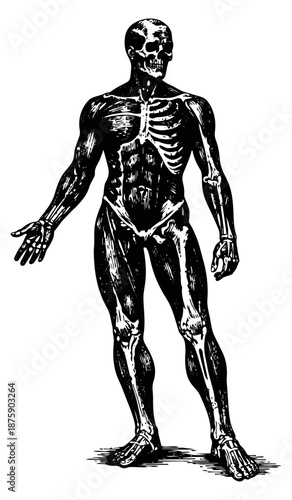 Anatomical line art illustration of a human figure depicting skeletal and muscular systems for medical and educational purposes