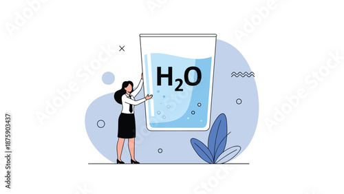Professional woman standing beside a massive glass of water with H2O chemical formula representing the vital importance of daily hydration.