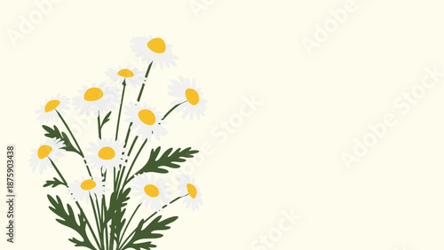 Beautiful cluster of white daisy flowers with vibrant yellow centers on a pale yellow background creating a serene and natural floral composition.