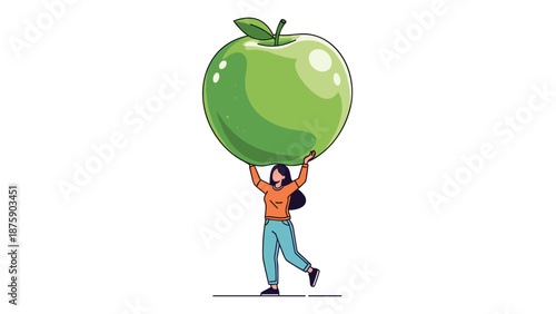 Young woman lifting a giant green apple over her head symbolizing a commitment to healthy eating and nutritious food choices in daily life.