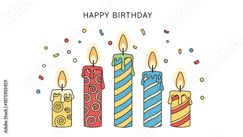 Set of five colorful patterned birthday candles with flickering flames and confetti decorations celebrating a special milestone or anniversary.