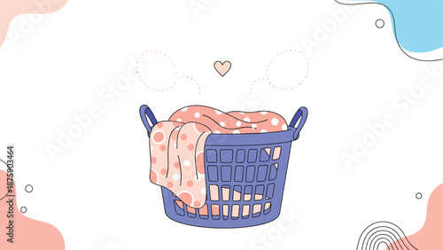 Purple laundry basket overflowing with soft pink polka dot fabrics and a floating heart symbolising domestic chores and home care routine.
