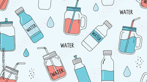 Refreshing seamless pattern featuring various types of water bottles, mason jars with straws, and falling droplets to promote hydration.