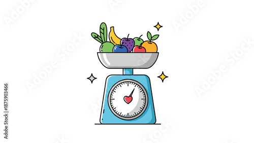 Light blue kitchen scale weighing a variety of colorful fruits like apples, bananas, and oranges representing portion control and healthy diet.