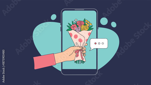 Illustration of a hand holding a colorful bouquet of flowers appearing from a smartphone screen representing online flower delivery services.