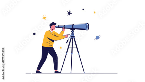 Man looking through a large professional telescope at a starry night sky with planets and stars for astronomy and science exploration themes.