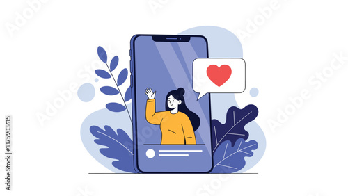 Modern flat illustration of a young woman waving on a smartphone screen with a heart notification and creative floral elements.