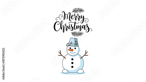 Festive holiday illustration featuring a cute snowman wearing a blue bucket hat with elegant Merry Christmas typography above.