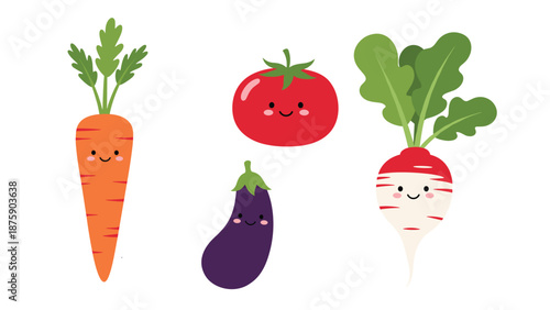 Collection of adorable cartoon vegetables including a carrot, tomato, eggplant, and radish with happy smiling faces and eyes.