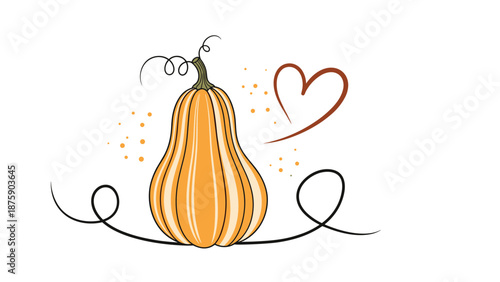 Artistic illustration of a tall orange pumpkin decorated with a heart and elegant minimalist swirls on a white background.