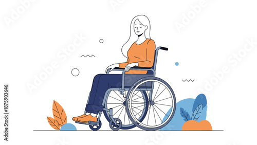 Thoughtful illustration of a young woman in a wheelchair resting peacefully in a serene outdoor park setting with plants.