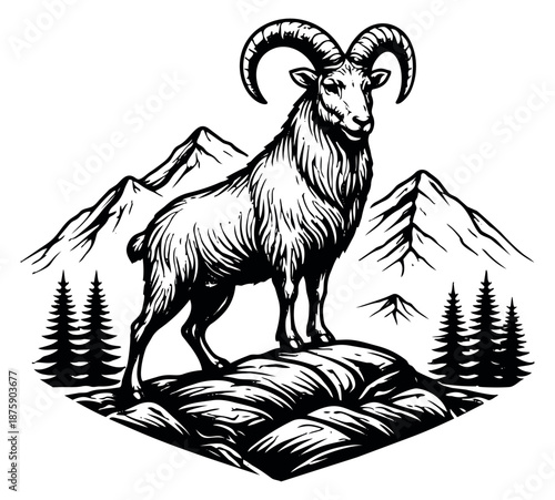Hand drawn line art illustration of a bighorn sheep depicting it standing majestically in a mountain landscape for outdoor and wildlife themed designs