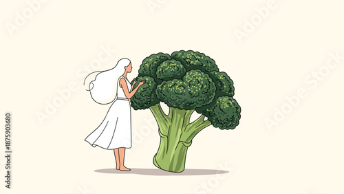 Surreal illustration of a woman in a white dress standing beside a massive head of fresh green broccoli to promote health.