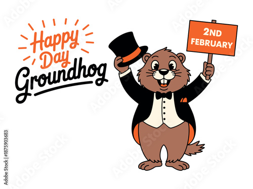 A cartoon groundhog in a tuxedo holding a sign and top hat on Groundhog Day