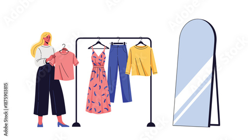 Stylish illustration of a woman choosing an outfit from a clothes rack in front of a full-length dressing room mirror.