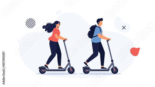 Modern illustration of a man and a woman riding electric scooters as an eco-friendly urban transportation method in city.