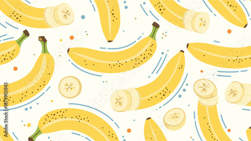 Cheerful seamless pattern with many yellow whole bananas and round sliced pieces on a light cream organic background.