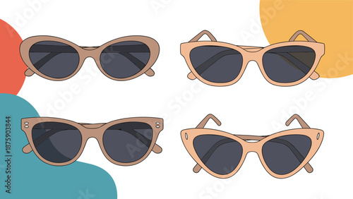 Collection of four trendy women sunglasses in different shapes and shades of brown on a creative abstract background.