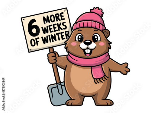 A cartoon groundhog wearing a pink hat and scarf holds a sign predicting six more weeks of winter.