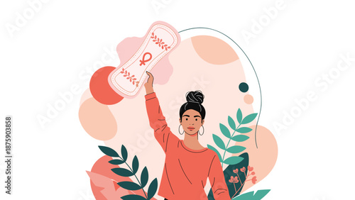 Empowering illustration of a woman holding a sanitary pad for menstrual health awareness and female body positivity.