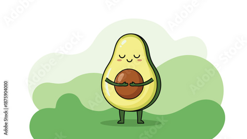 Cute avocado character with a happy face and closed eyes stands on a green hill backdrop as a vector illustration.