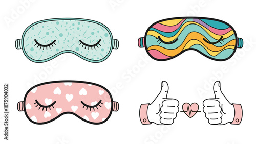 Collection of three colorful sleep masks with different patterns and a pair of hands giving a thumbs up with a heart.