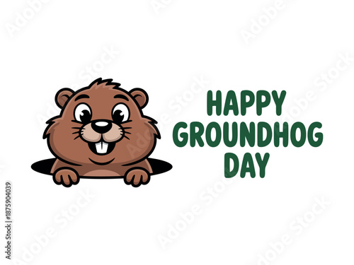 A cartoon groundhog peeking out of a hole with a happy expression and the words 'Happy Groundhog Day' next to it.