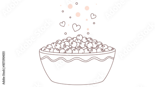 Simple outline drawing of a ceramic bowl filled with round berries or grapes with floating hearts and bubbles above.