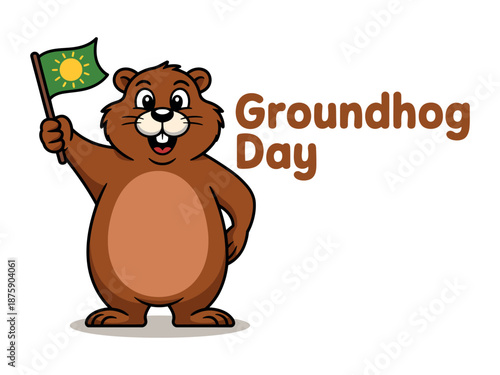 A cartoon groundhog holding a flag and celebrating Groundhog Day with a cheerful expression