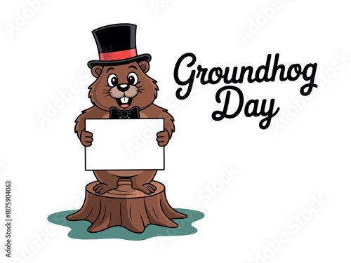 A cartoon groundhog wearing a top hat and bow tie stands on a tree stump holding a sign on Groundhog Day.