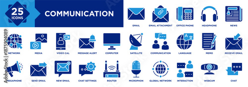 Communication icon collection set. Email, Video Cal, Interaction, News, Headphone, Office Phone, Microphon, Webcam, Chat, Media icon