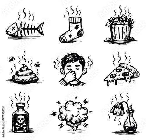 Hand drawn line art bad smell icons set featuring a rotten fish, dirty sock, garbage, feces, moldy pizza, poison, smoke, wilting flower, and a person pinching their nose