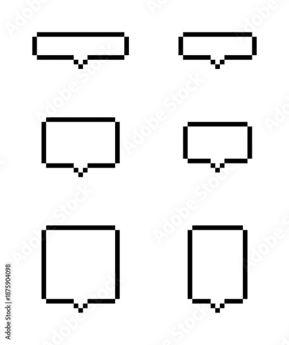 Pixelated chat bubble icons in outline style, Retro speech message symbols, 8 bit conversation UI graphics, Minimal dialog bubble icon set, Pixel art message boxes, Vector illustration.