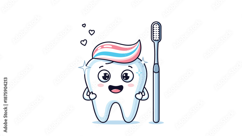 Fototapeta premium Cute anthropomorphic tooth character with a smiling face and toothpaste on its head next to a tall blue toothbrush.