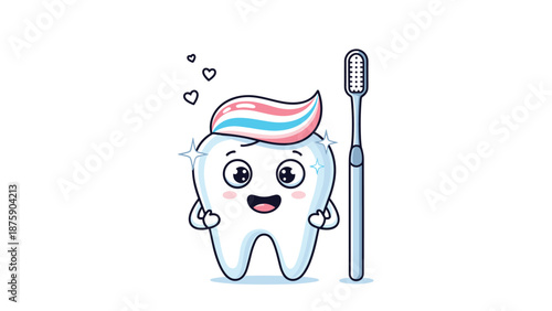 Cute anthropomorphic tooth character with a smiling face and toothpaste on its head next to a tall blue toothbrush.