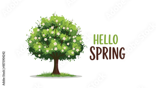 Green tree covered in white flowers standing on a small patch of grass next to the text Hello Spring on a white background.