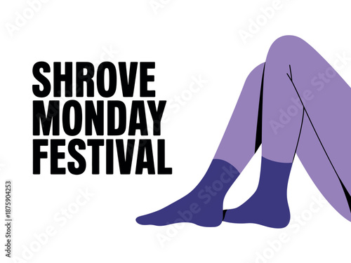 A vibrant illustration of a person's legs wearing purple socks and tights with the words Shrove Monday Festival written in bold black letters.
