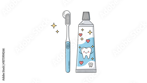 Blue toothbrush with a glob of toothpaste next to a tube of toothpaste decorated with hearts and a happy tooth icon.