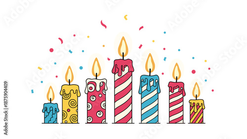 Seven colorful Hanukkah candles of varying heights with melting wax and flames set against a background of confetti.