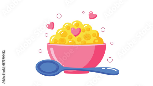 Pink bowl filled with yellow porridge or cereal topped with a heart symbol and floating hearts and bubbles around it.