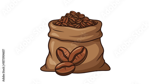 Burlap sack filled to the top with roasted coffee beans and a few beans placed in front against a white background.
