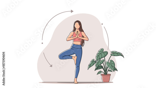 Woman practicing a tree pose in a peaceful indoor setting with a potted plant and circular movement arrows.